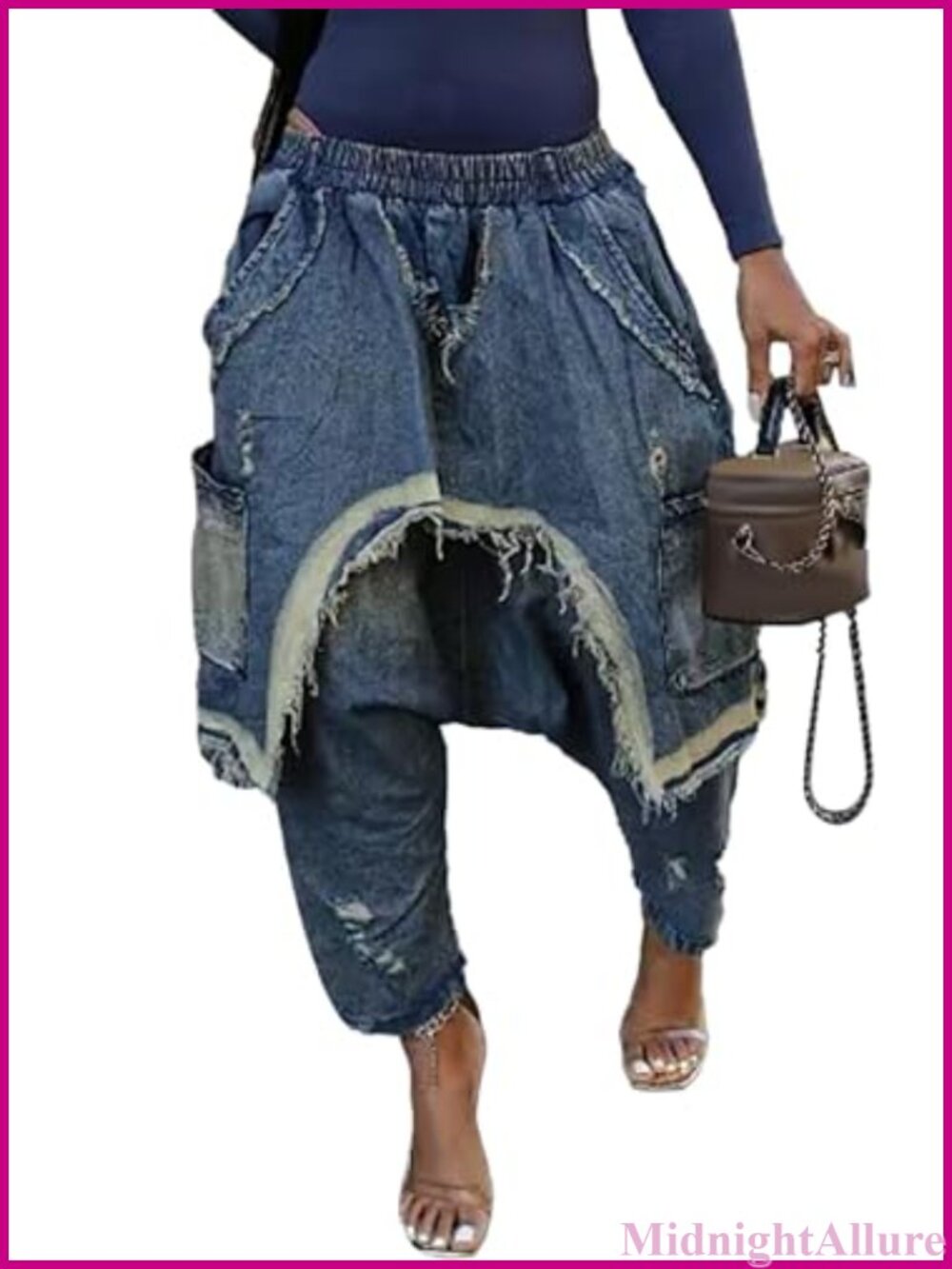 Women Harem Denim Jeans High Waist Wide Leg Patchwork Raw Trim